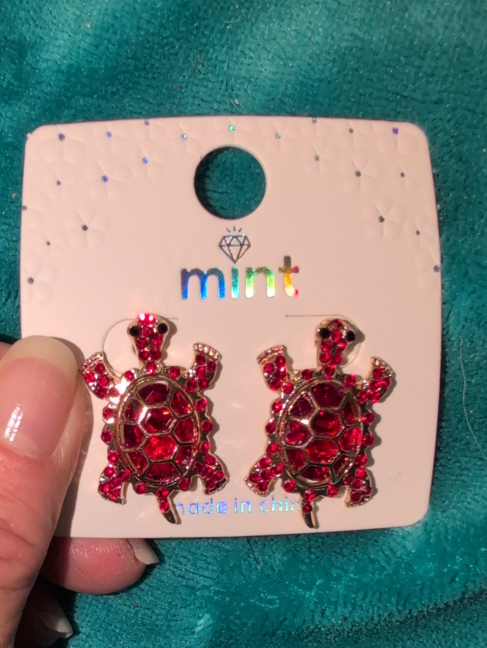 Mint Red Turtle Crystal Pierced Stud Earrings